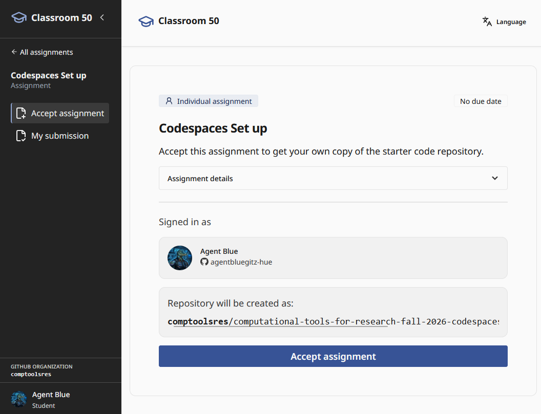 Screenshot of accepting an assignment in Classroom 50