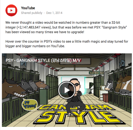 Image of YouTube announcement about PSY video exceeding 2,147,483,647 view