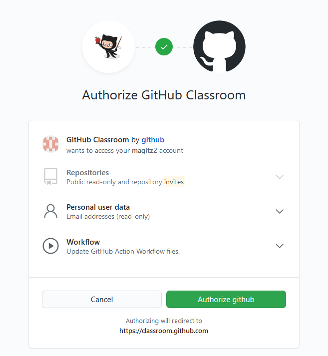 Screenshot of authorizing github classroom to access account