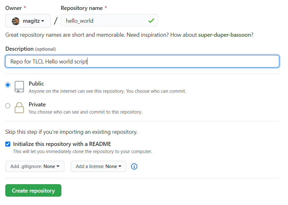Screenshot of creating a new repository in github.com