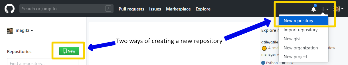 Screenshot of methods of creating a new repository in github.com