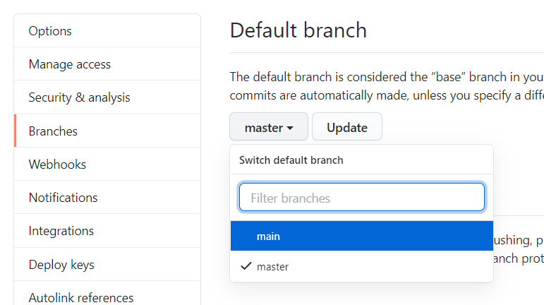 Screenshot of the Default branch settings page