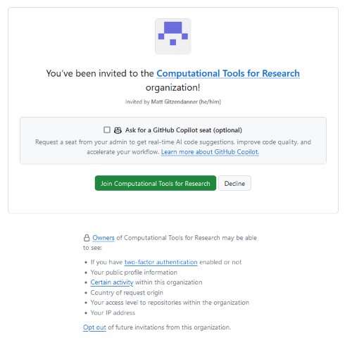 Screenshot of the page to join the GitHub organization @comptoolsres