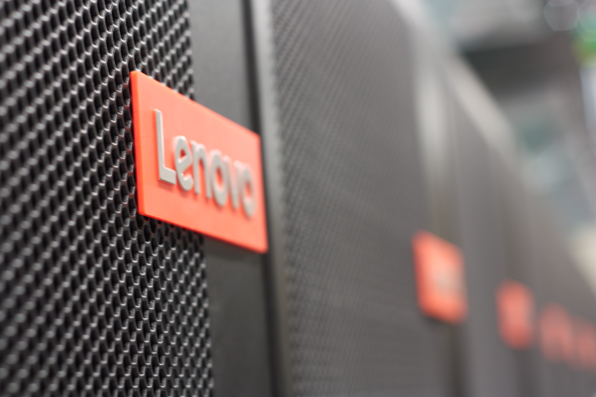 Closeup of a Lenovo logo on a rack of HiPerGator 3 computers